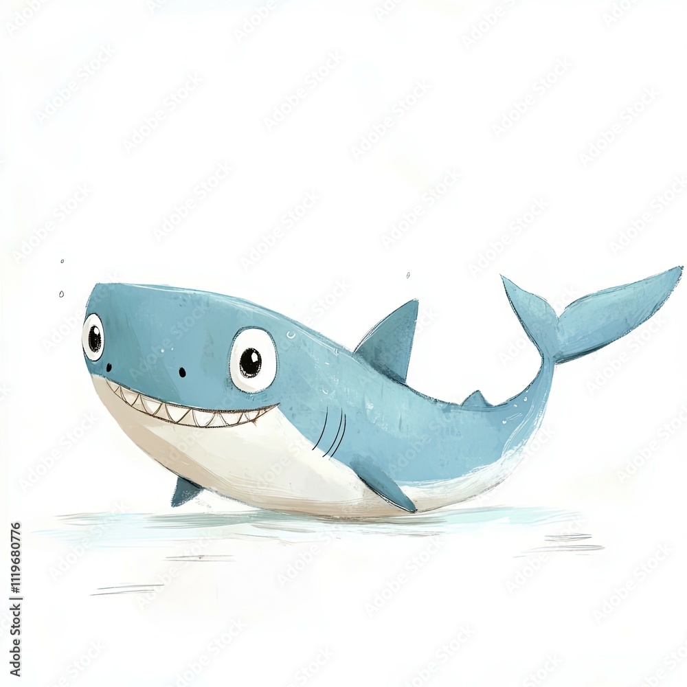 Obraz premium Cartoon shark swimming happily in a playful ocean environment during daytime hours