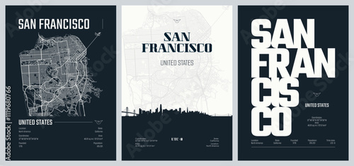 Set of travel posters with San Francisco, detailed urban street plan city map, Silhouette city skyline, vector artwork, set 2