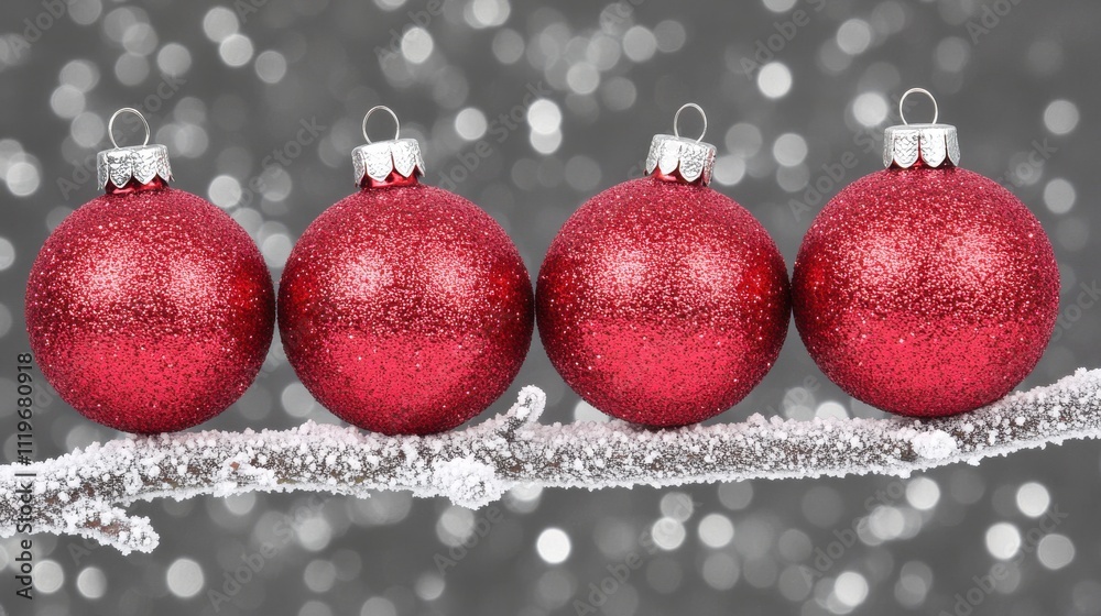 Sparkling Red Christmas Ornaments on Frosted Branch with Blurred Silver Bokeh Background Sparkling Red Christmas Ornaments on Frosted Branch with Blurred Silver Bokeh Background