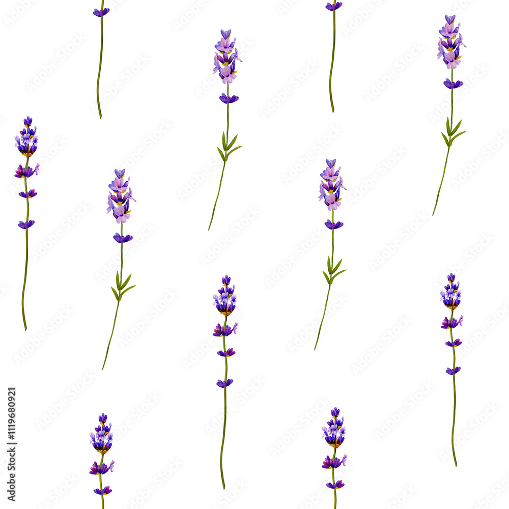 Fototapeta premium lavender seamless pattern of flowers, hand painted with watercolor, seamless pattern for provence style, wedding invitations
