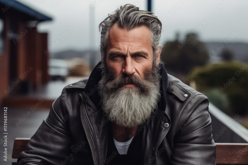 Portrait of a handsome bearded man with gray beard and mustache in a black leather jacket sitting on a wooden bench in the city Portrait of a handsome bearded man with gray beard and mustache in a black leather jacket sitting on a wooden bench in the city