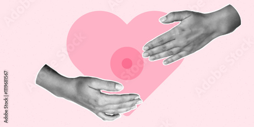 Halftone collage banner, breast cancer awareness month. Paper cut hands, self-diagnosis concept, mixed media design, pink october.