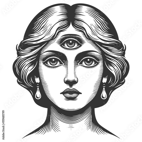 woman with a third eye, symbolizing intuition and mysticism in vintage style sketch engraving generative ai fictional character vector illustration. Scratch board imitation. Black and white image.