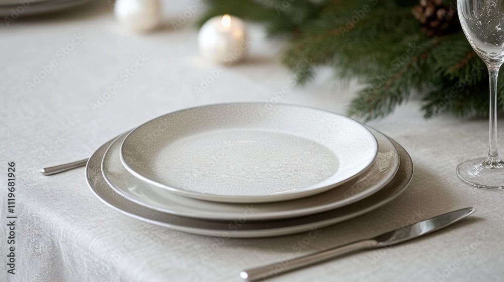 Elegant Table Setting with White Plates and Silver Cutlery for Dining Event Elegant Table Setting with White Plates and Silver Cutlery for Dining Event