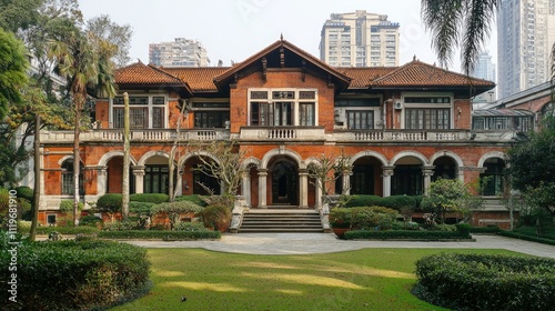 Grand brick mansion with lush garden.