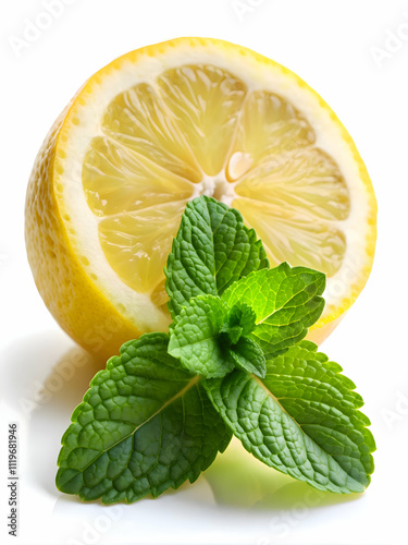 Close-up of a zesty lemon slice and fresh mint leaves
