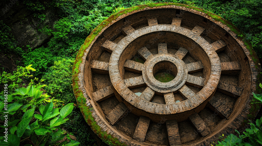 Vernacular, A large, weathered gear wheel covered in moss, surrounded by lush greenery, representing nature reclaiming industrial remnants.