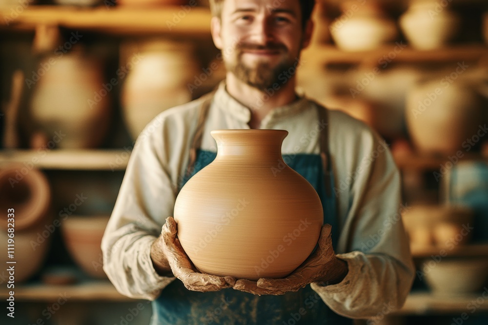 A smiling potter proudly holds a newly crafted ceramic vase in a warm workshop, embodying creativity and artisan craftsmanship. A smiling potter proudly holds a newly crafted ceramic vase in a warm workshop, embodying creativity and artisan craftsmanship.