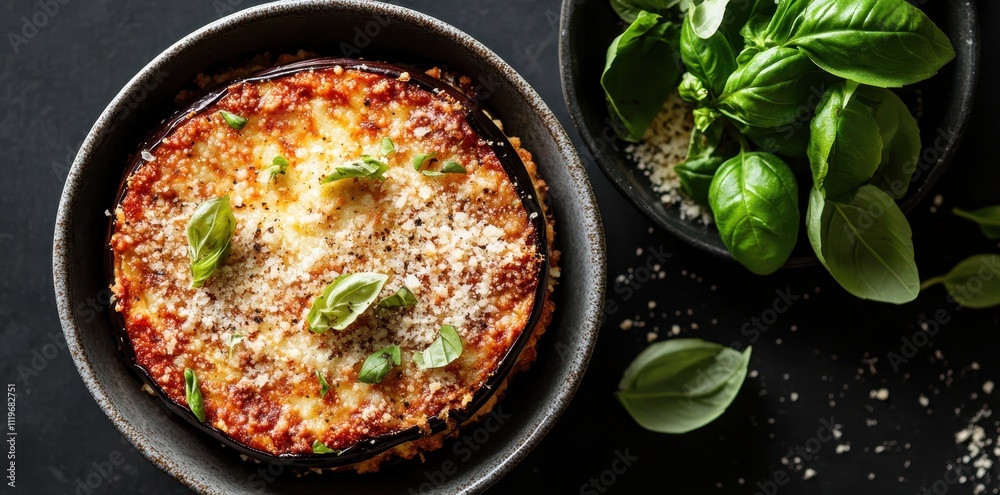 A delicious baked dish topped with cheese and fresh basil, served in a rustic bowl. A delicious baked dish topped with cheese and fresh basil, served in a rustic bowl.