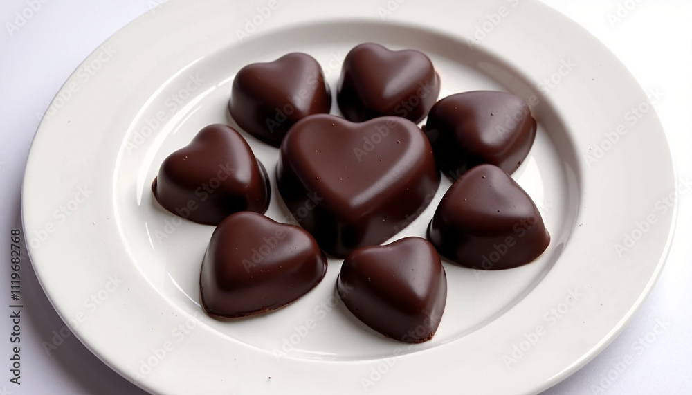 Delicious chocolate heart-shaped candies arranged on a plate for Valentine's Day celebration Delicious chocolate heart-shaped candies arranged on a plate for Valentine's Day celebration