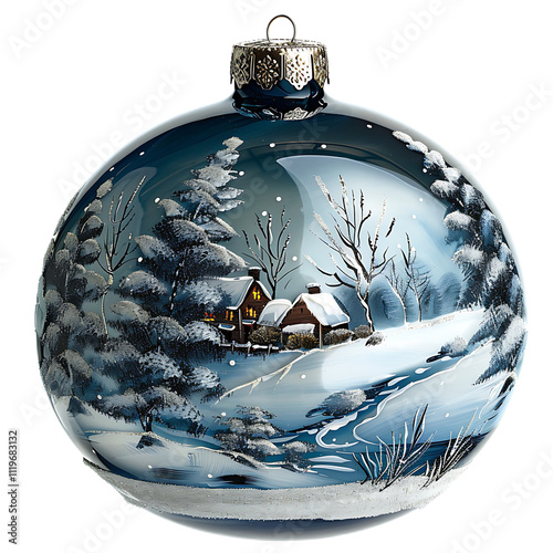 Hand-Painted Classic Glass Bauble Featuring a Winter Scene with Snow-Covered Trees and Cozy Cottage, Perfect for Holiday Decor and Seasonal Celebrations