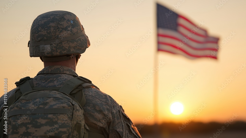 Soldier Observing Sunset with American Flag in Background at Dusk Soldier Observing Sunset with American Flag in Background at Dusk