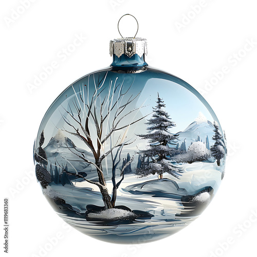 Hand-Painted Winter Scene Bauble: A Classic Glass Ornament Featuring a Serene Snowy Landscape with Trees, Mountains, and Delicate Snowflakes in Blue Tones