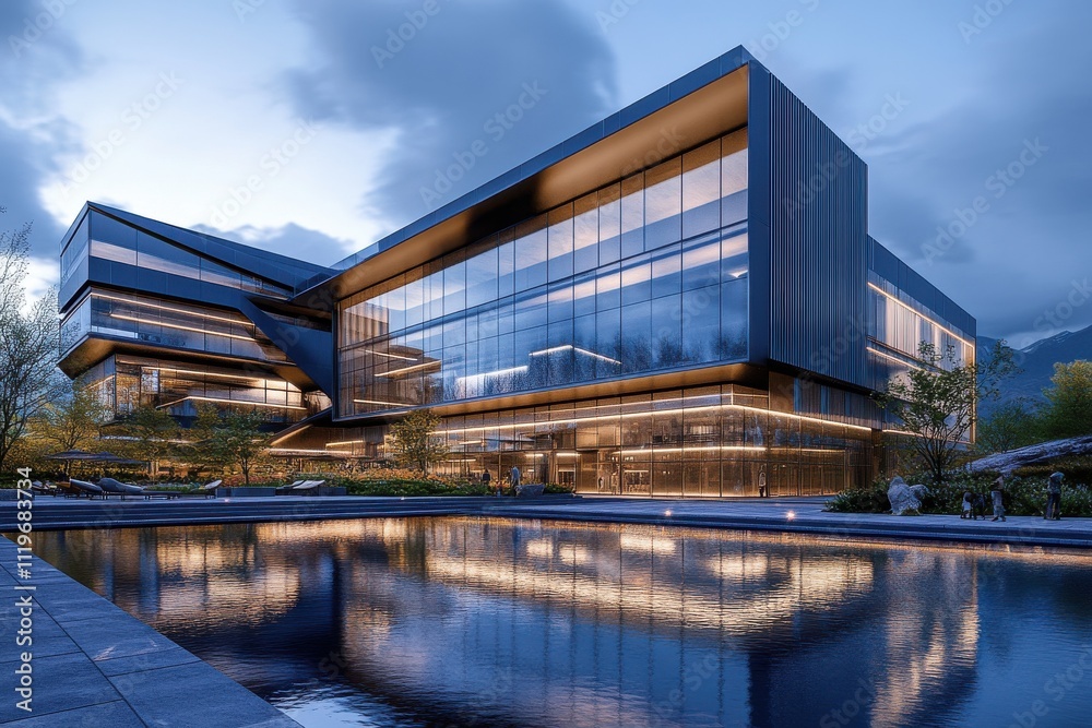 Fototapeta premium Modern luxury villa angular architecture glass facades multi story building