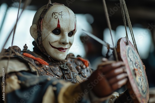 A sinister marionette with dark, theatrical makeup holds a disk, creating an eerie, intense, and dramatic atmosphere against a blurred background. photo