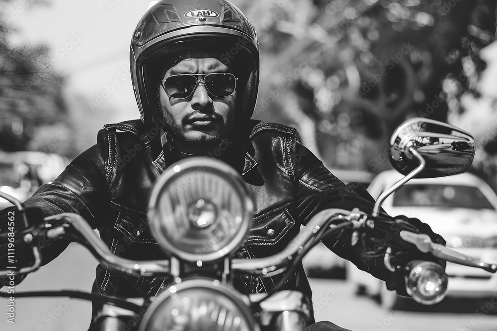 Fototapeta premium Generative AI Portrait of a Bearded Biker in Urban Setting, Wearing Leather Jacket and Helmet, Riding Through Busy City Streets