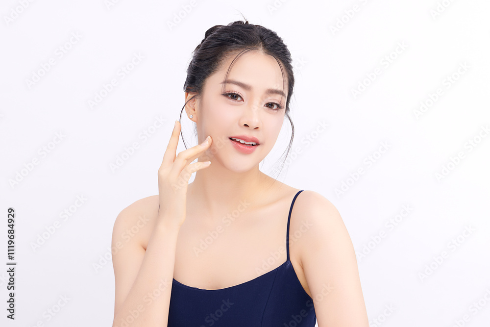 Beautiful young asian woman with clean fresh skin on white background, Face care, Facial treatment, Cosmetology, beauty and spa, Asian women portrait.