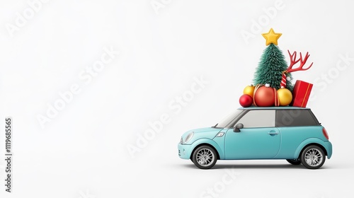 Festive Mini Car Decorated with Christmas Tree, Ornaments, and Gifts for Holiday Joy and Celebration in a Clean, White Background