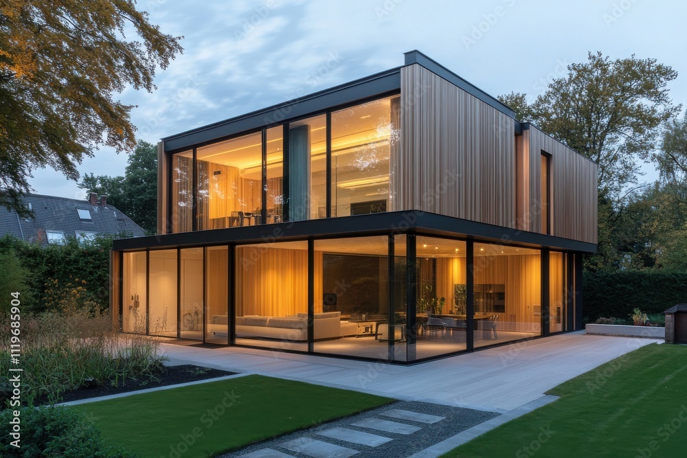 Modern minimalist house cubic architecture wood paneling large glass windows open concept
