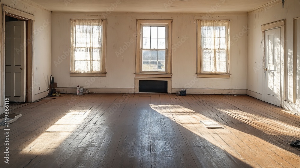 Empty Room, Worn Wooden Floors, Natural Light Streaming Through Vintage Windows, Awaiting Renovation Empty Room, Worn Wooden Floors, Natural Light Streaming Through Vintage Windows, Awaiting Renovation
