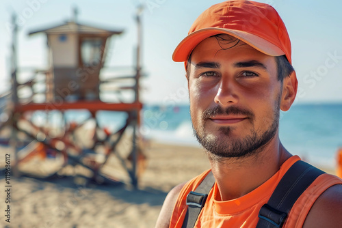 Generative AI Image of Lifeguard on Duty with Lifebuoy on Ocean Beach photo