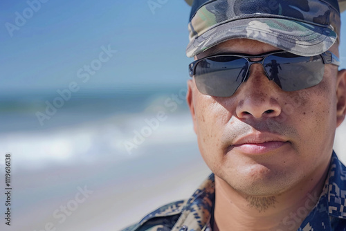 Generative AI Image of Lifeguard on Duty with Lifebuoy on Ocean Beach