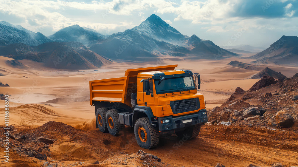 A large orange dump truck driving along a sandy road in a desert area. A sense of the scale and severity of the landscape. A large orange dump truck driving along a sandy road in a desert area. A sense of the scale and severity of the landscape.