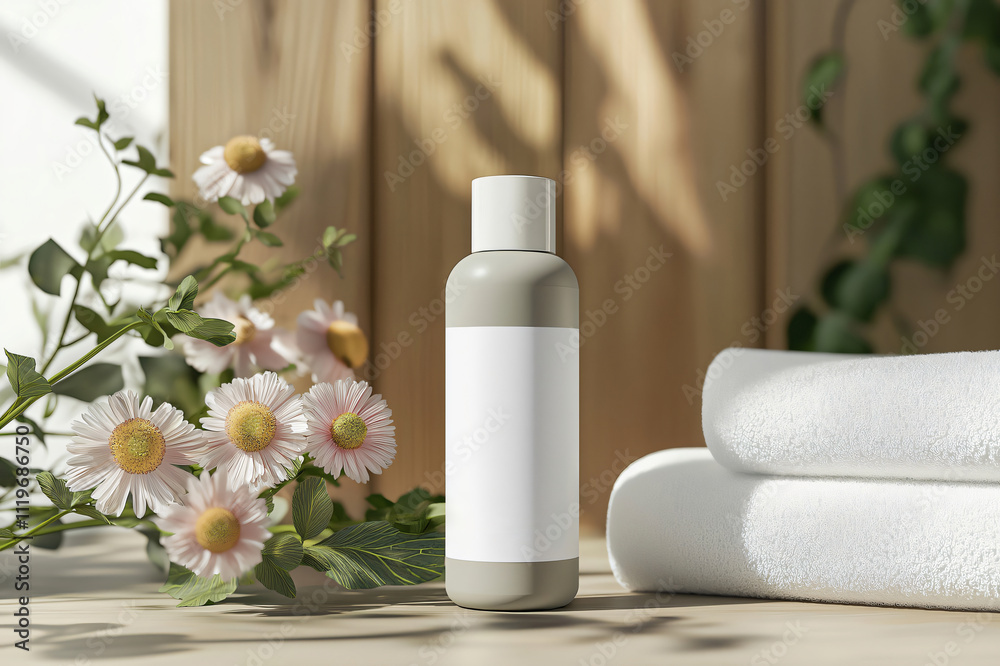 Grey cosmetic bottle with a white label is standing on a wooden table near white towels and pink flowers Grey cosmetic bottle with a white label is standing on a wooden table near white towels and pink flowers
