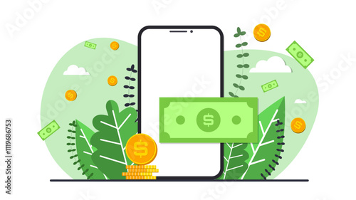 Money with phone. Buying concept background webpage template. Design for wallpaper, web, background, banner. Flat cartoon design.