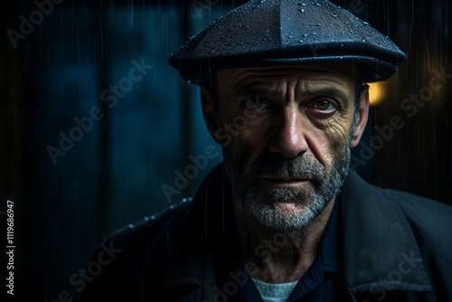 Portrait of an old man in the rain on a dark background