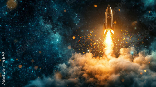 A rocket launched into space symbolizes innovation and research. It is ideal for technology and science topics.