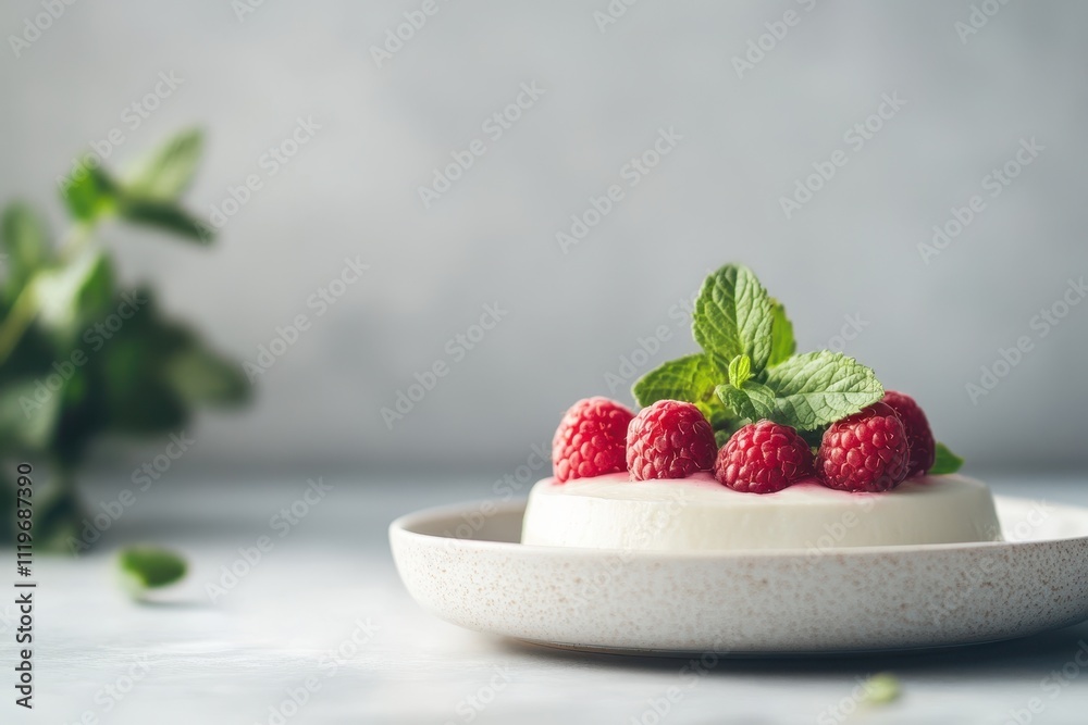 A creamy dessert topped with fresh raspberries and mint leaves on a plate. A creamy dessert topped with fresh raspberries and mint leaves on a plate.
