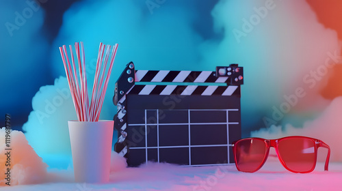 A film clapboard with popcorn sticks and red sunglasses on a colorful background, evoking movie night vibes and entertainment photo