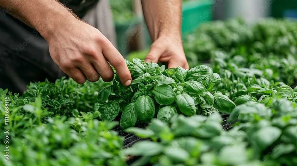 Hands Gently Tend to Lush Basil Plants in Greenhouse Hands Gently Tend to Lush Basil Plants in Greenhouse