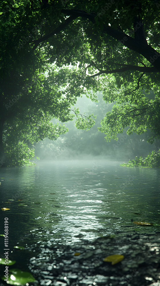 Misty river flowing through lush green forest. Misty river flowing through lush green forest.
