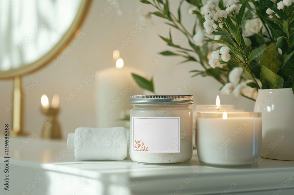 Jar of homemade bath salt with a customizable label is surrounded by lit candles and a bouquet of flowers