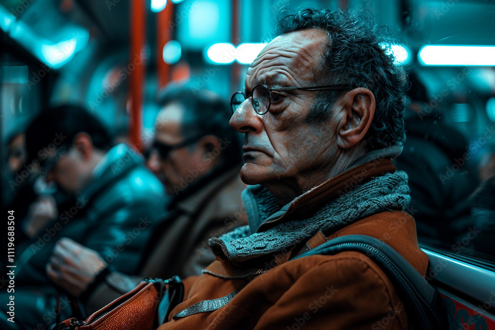 Generative AI portrait of people crowd busy day on dimly lit metro bus train public transport concept, urban scene