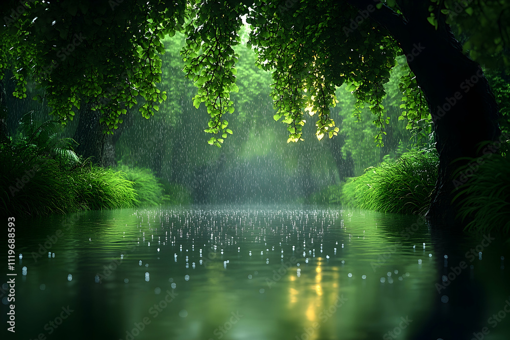 Obraz premium Rain falling on a calm river in a lush green forest.