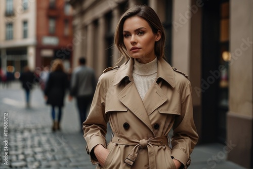 Elegant woman in trench coat wandering urban streets at sunset