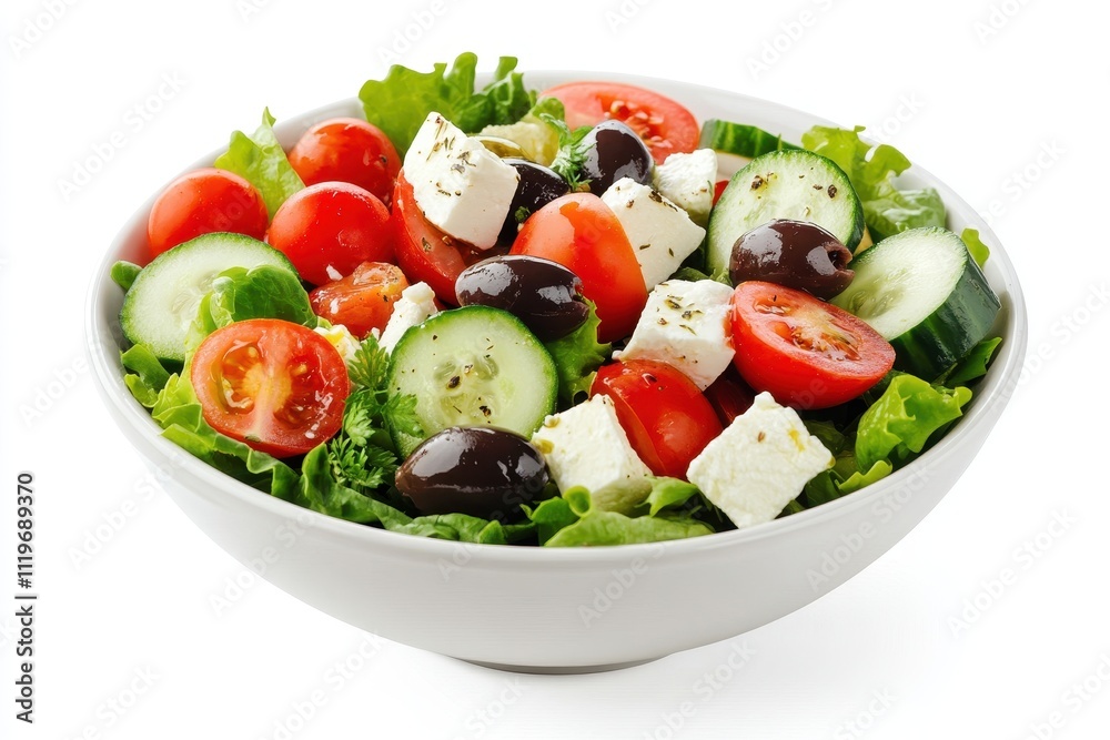 A fresh salad with greens, tomatoes, cucumbers, olives, and feta cheese in a bowl. A fresh salad with greens, tomatoes, cucumbers, olives, and feta cheese in a bowl.
