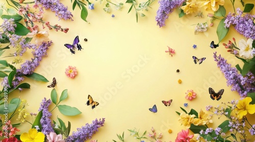 Vibrant floral arrangement with butterflies on a bright yellow background during springtime photo