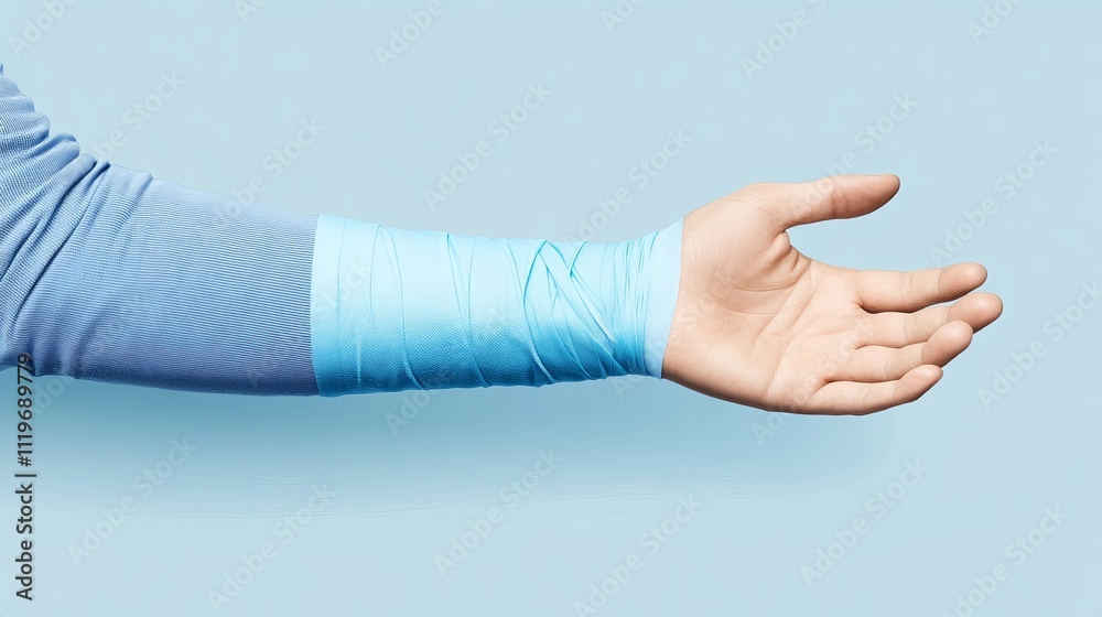 A close-up view of a human arm with a rolled bandage wrapped carefully around the forearm, featuring a light blue background for a clean and fresh appearance. A close-up view of a human arm with a rolled bandage wrapped carefully around the forearm, featuring a light blue background for a clean and fresh appearance.