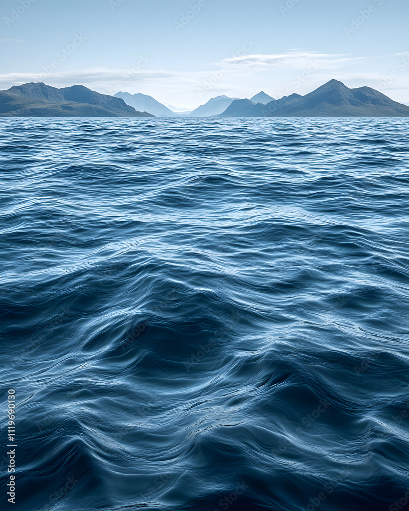 Serene ocean waves with distant mountains.