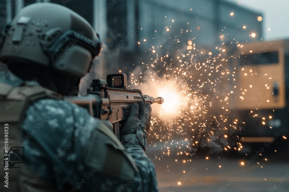 A soldier in full gear fires a weapon, sparking bright flashes amidst a smoky, tense atmosphere illustrating the chaos of combat. A soldier in full gear fires a weapon, sparking bright flashes amidst a smoky, tense atmosphere illustrating the chaos of combat.