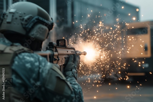 A soldier in full gear fires a weapon, sparking bright flashes amidst a smoky, tense atmosphere illustrating the chaos of combat. photo