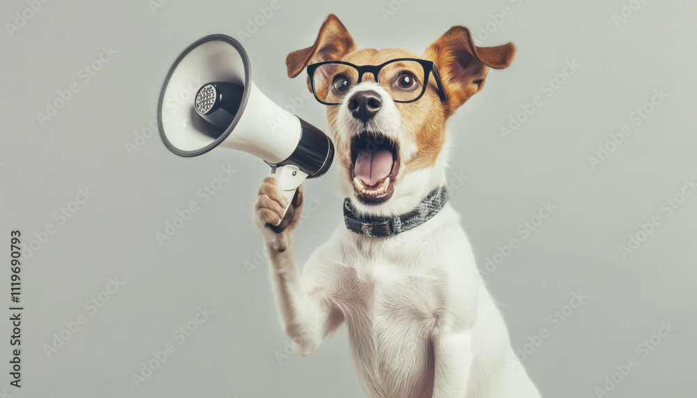 Fototapeta premium Jack Russell dog with glasses holds megaphone in paw, screaming into it. Light grey background, studio shot captures playful, energetic mood with clear focus on dog’s expressive face and detailed fur.