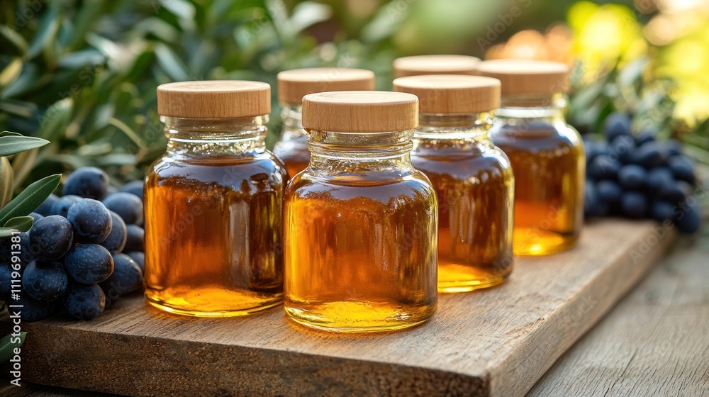 Six small glass jars of golden olive oil on wooden board with olives and grape branches. Six small glass jars of golden olive oil on wooden board with olives and grape branches.