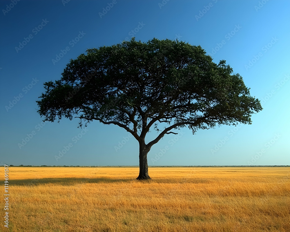 Obraz premium Solitary tree in golden savanna under a vibrant blue sky.
