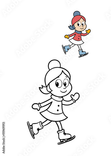 A fun coloring page featuring a cartoon girl skating on ice, enjoying winter sports. Perfect for kids to color and celebrate the joy of winter activities and outdoor fun!