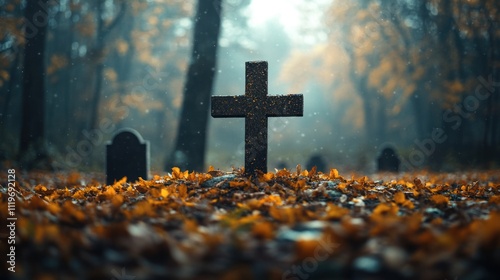 A detailed view of a wooden cross marking a burial site, surrounded by fallen autumn leaves and set against the backdrop of a dark forest. photo